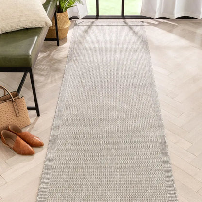 Odin Solid & Striped Border Indoor Outdoor Grey Ivory Flatweave Rug Well Woven