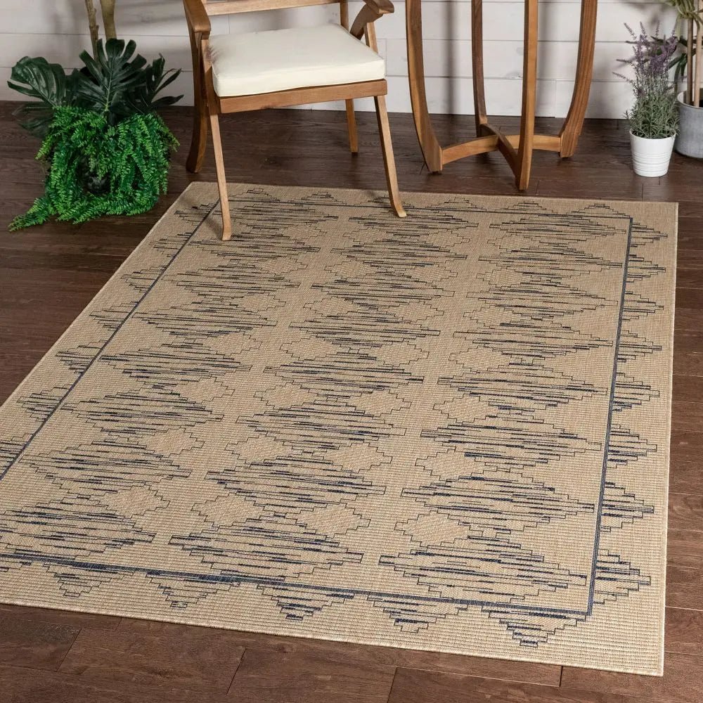 Vidar Trellis Diamond Pattern Indoor Outdoor Blue Beige Flatweave Rug Well Woven