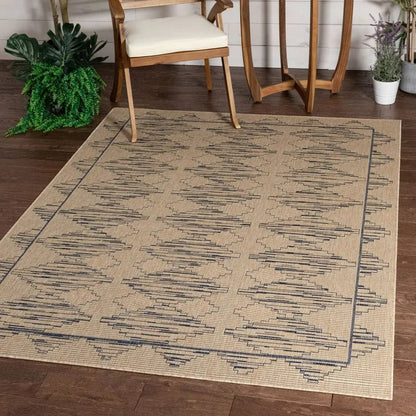 Vidar Trellis Diamond Pattern Indoor Outdoor Blue Beige Flatweave Rug Well Woven