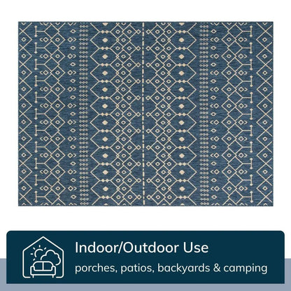 Nord Moroccan Tribal Indoor Outdoor Blue Flatweave Rug Well Woven - Flat image with icons highlighting the rug's performance features, labeled “Indoor/Outdoor Use.