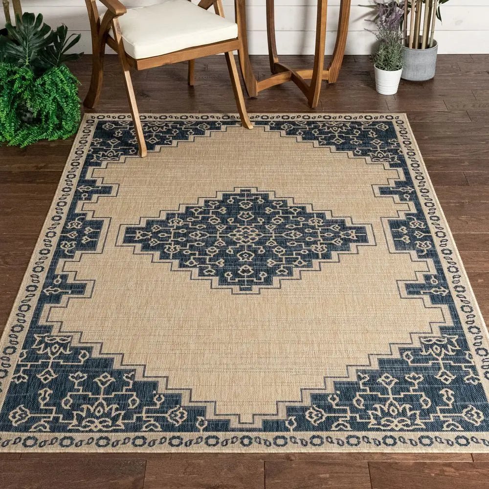 Mani Oriental Medallion Indoor Outdoor Blue Flatweave Rug Well Woven