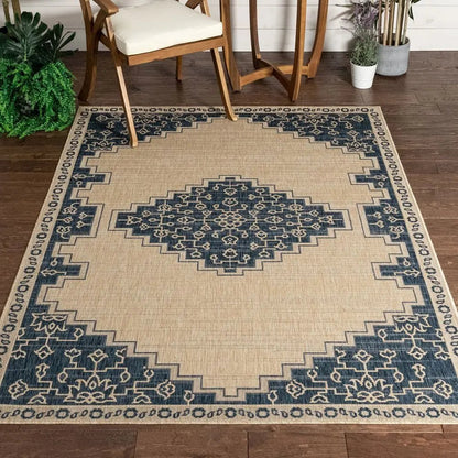 Mani Oriental Medallion Indoor Outdoor Blue Flatweave Rug Well Woven