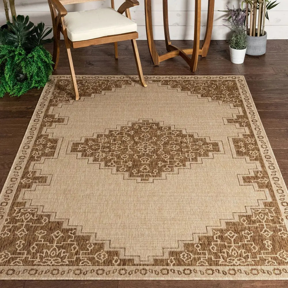 Mani Oriental Medallion Indoor Outdoor Brown Flatweave 5'3" x 7'3" Rug Well Woven