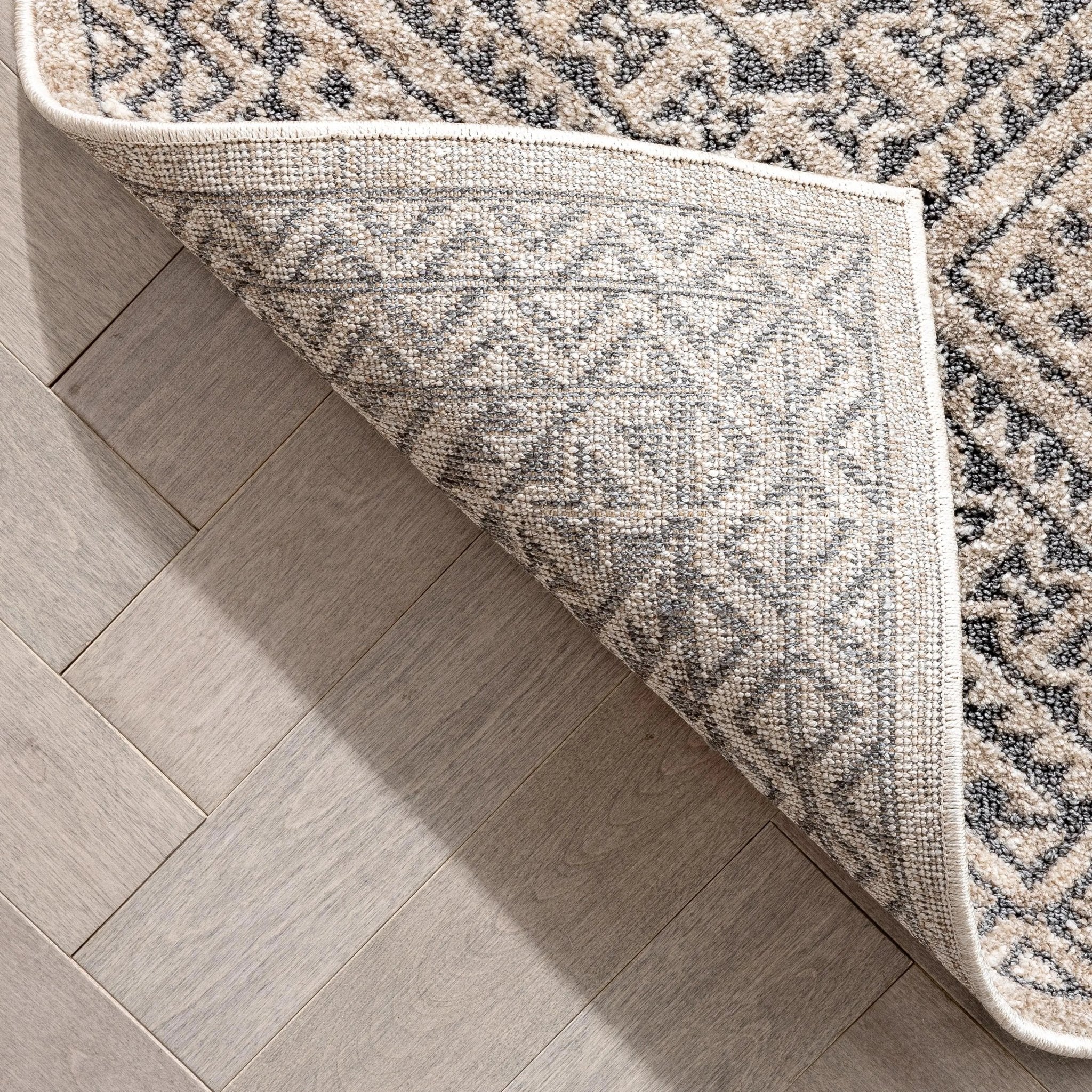 Lyre Tribal Mosaic Tile-Work Beige & Grey Distressed High-Low Rug Well Woven