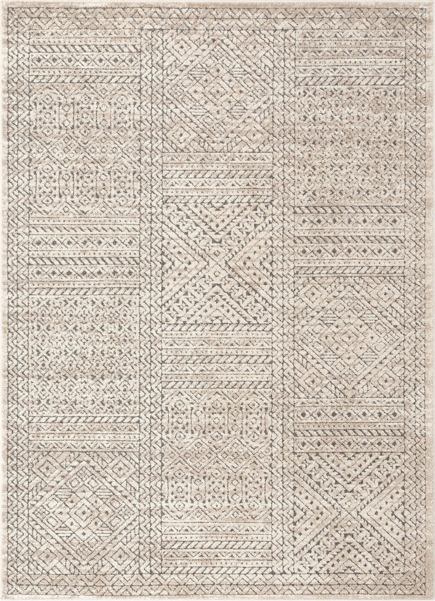Lyre Tribal Mosaic Tile-Work Beige & Grey Distressed High-Low Rug Well Woven