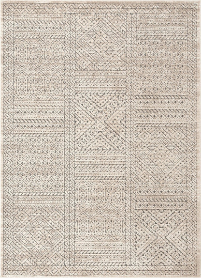 Lyre Tribal Mosaic Tile-Work Beige & Grey Distressed High-Low Rug Well Woven
