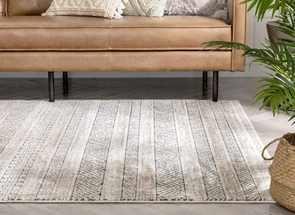 Fresco Tribal Geometric Beige Distressed High-Low Rug Well Woven