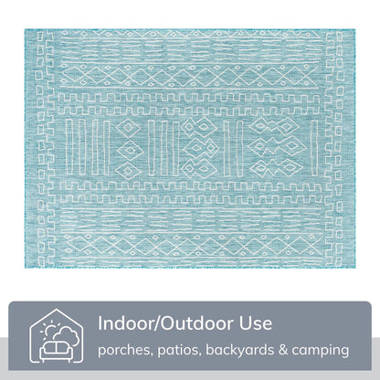 Anza Tribal Geometric Pattern 5'3" x 7'3" Blue Flat-Weave Indoor/Outdoor Rug Well Woven