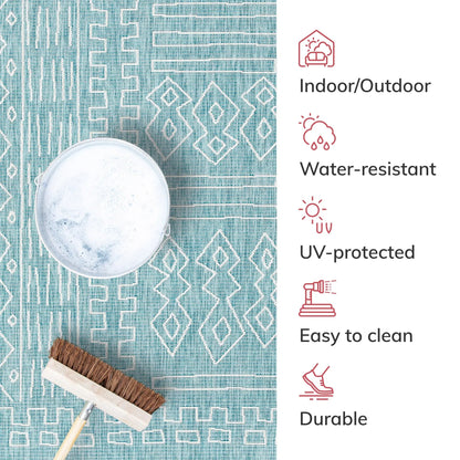 Anza Tribal Geometric Pattern 5'3" x 7'3" Blue Flat-Weave Indoor/Outdoor Rug Well Woven