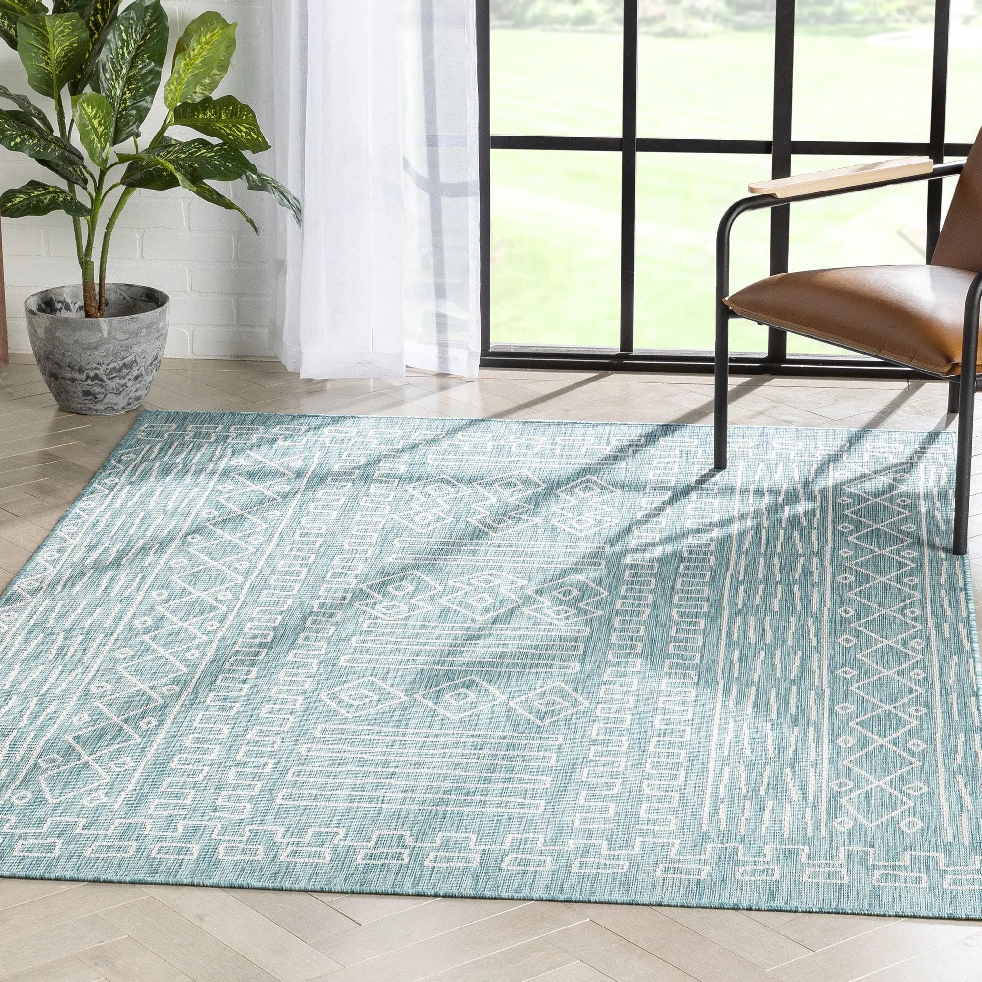 Anza Tribal Geometric Pattern 5'3" x 7'3" Blue Flat-Weave Indoor/Outdoor Rug Well Woven