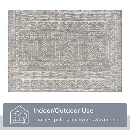 Anza Tribal Geometric Pattern Grey 5'3" x 7'3" Flat-Weave Indoor/Outdoor Rug Well Woven