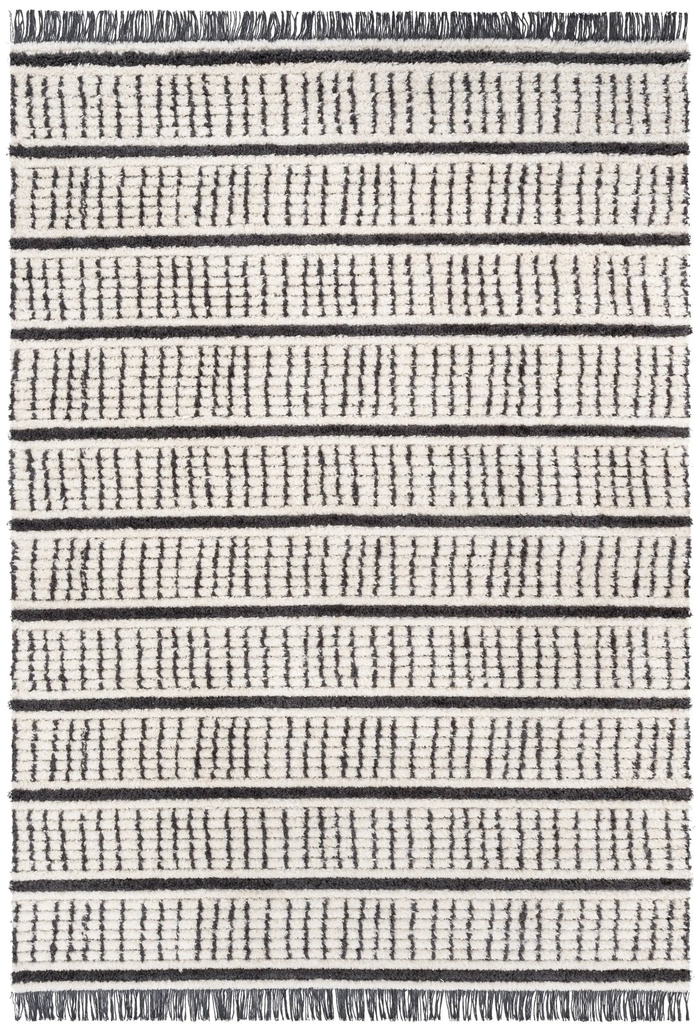 Viho Tribal Geometric Stripes Ivory High-Low Textured Pile Rug Well Woven