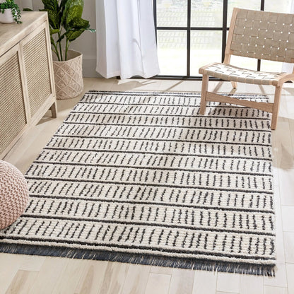 Viho Tribal Geometric Stripes Ivory High-Low Textured Pile Rug Well Woven