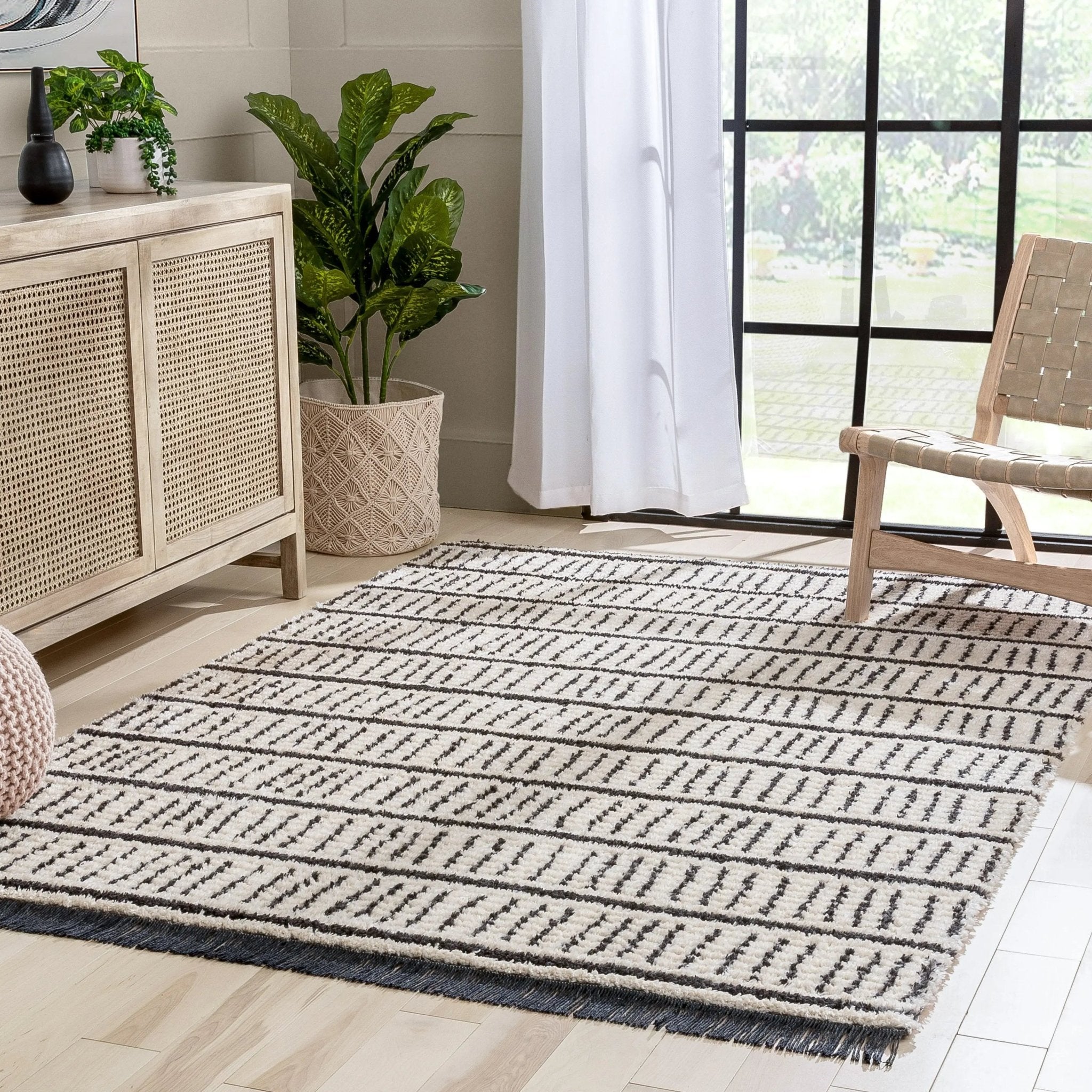 Viho Tribal Geometric Stripes Ivory High-Low Textured Pile Rug Well Woven