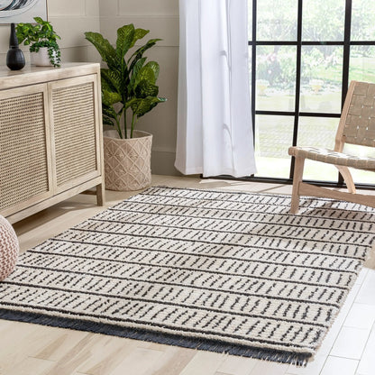 Viho Tribal Geometric Stripes Ivory High-Low Textured Pile Rug Well Woven