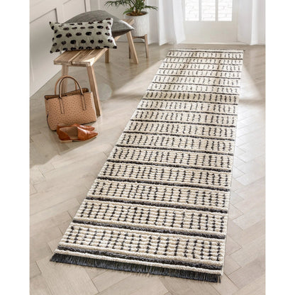 Viho Tribal Geometric Stripes Ivory High-Low Textured Pile Rug Well Woven