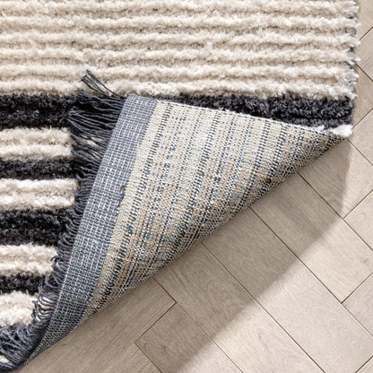 Adriel Tribal Solid Border Pattern Ivory High-Low Textured Pile Rug Well Woven