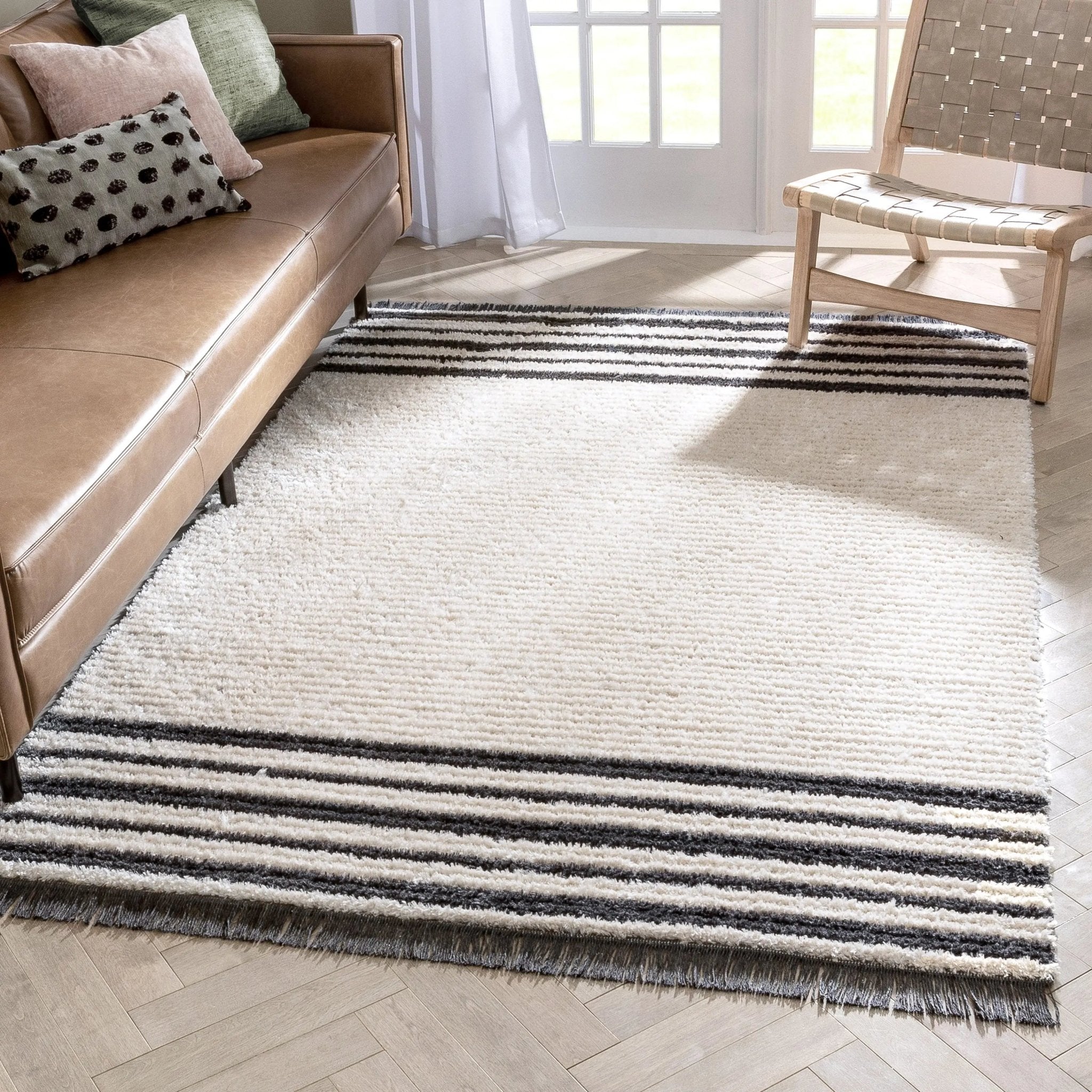 Adriel Tribal Solid Border Pattern Ivory High-Low Textured Pile Rug Well Woven