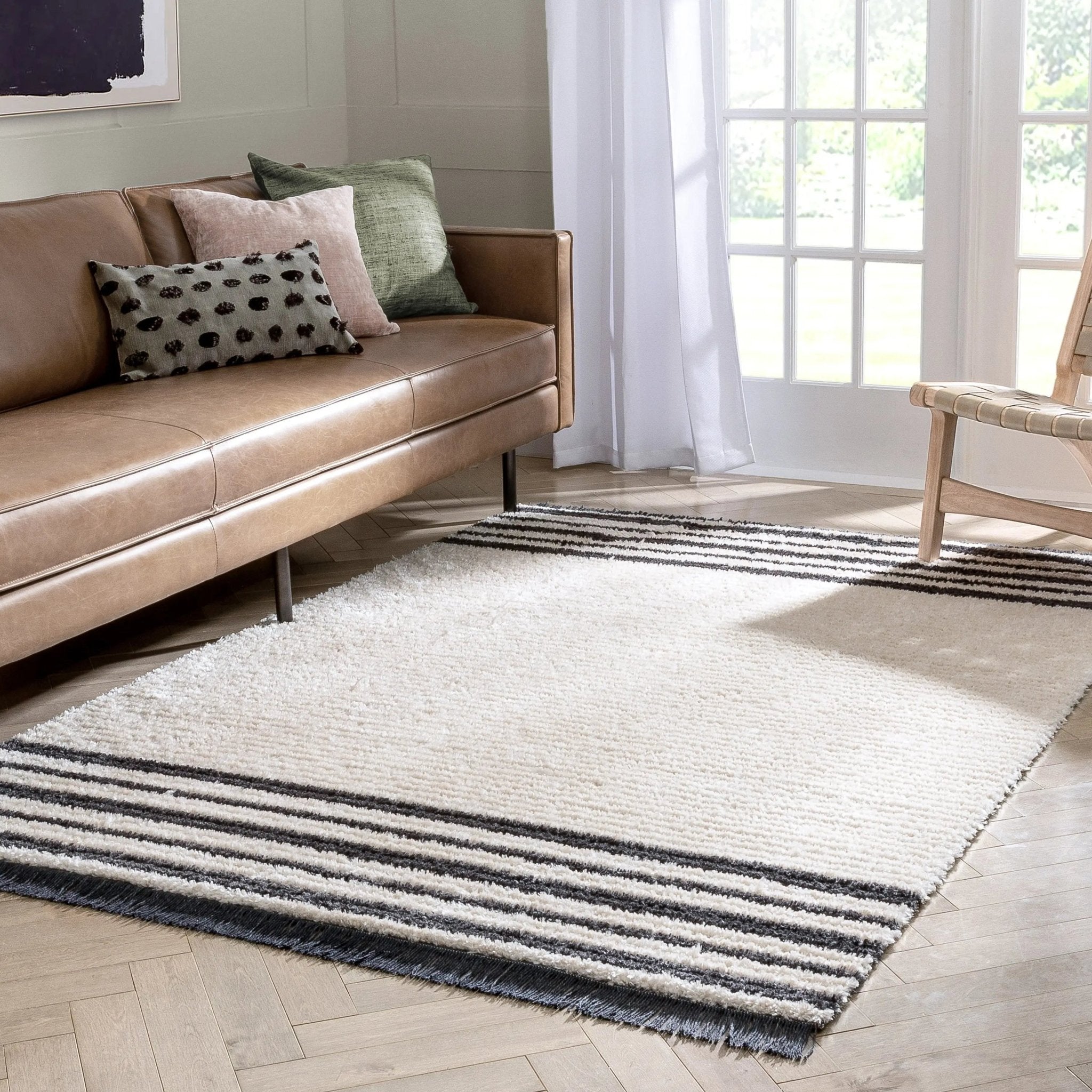 Adriel Tribal Solid Border Pattern Ivory High-Low Textured Pile Rug Well Woven
