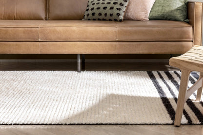 Adriel Tribal Solid Border Pattern Ivory High-Low Textured Pile Rug Well Woven