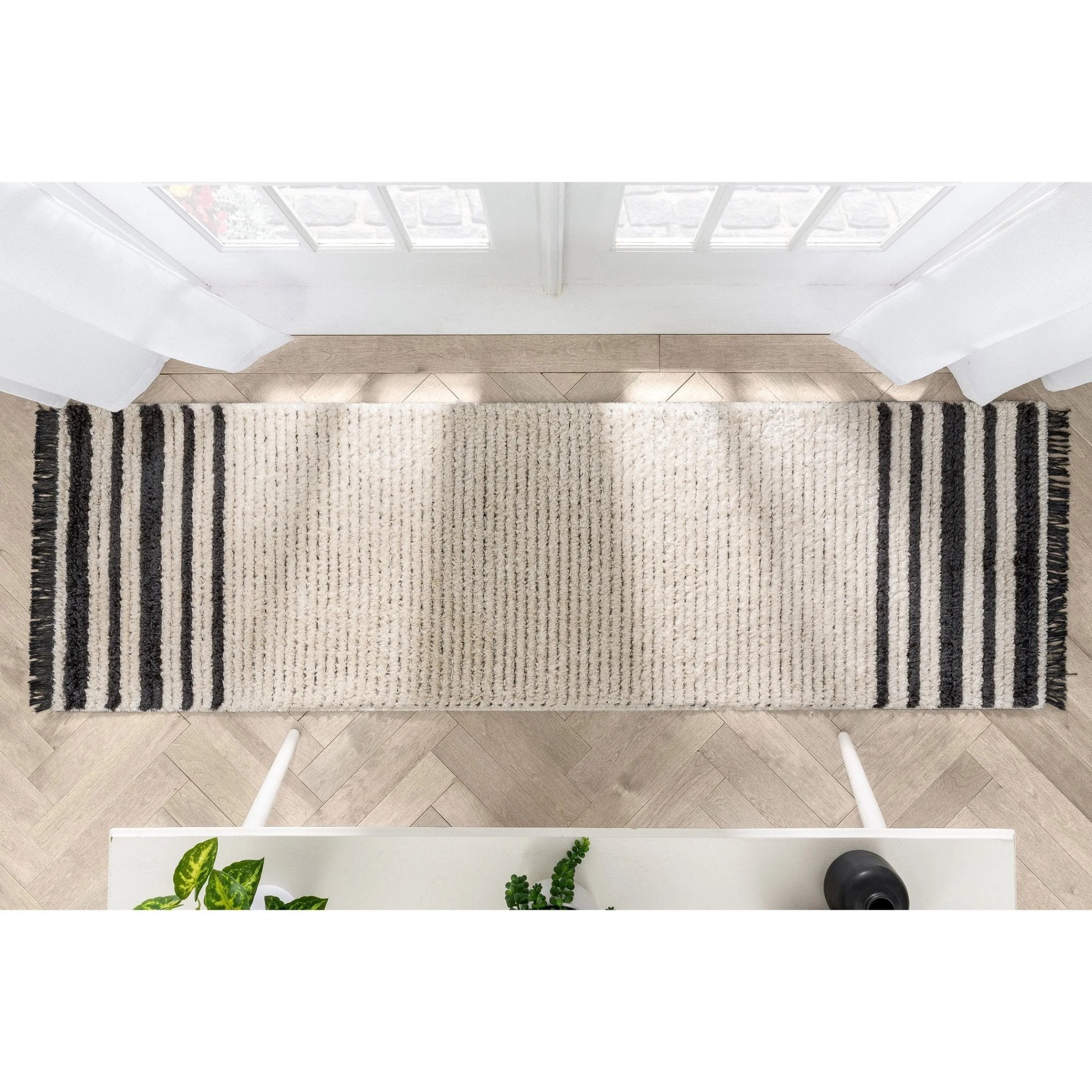 Adriel Tribal Solid Border Pattern Ivory High-Low Textured Pile Rug Well Woven