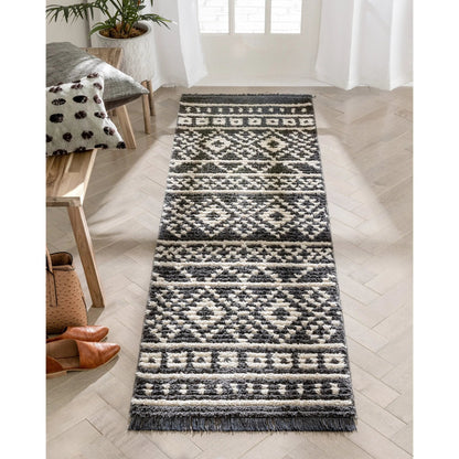 Nokomis Tribal Diamond Lattice Pattern Grey High-Low Textured Pile Rug Well Woven