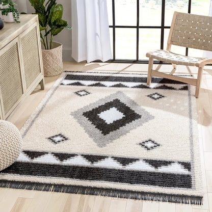 Una Moroccan Diamond Medallion Pattern Grey High-Low Textured Pile Rug Well Woven