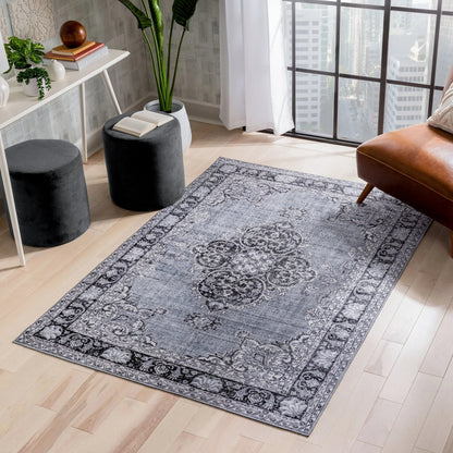 Tarifa Vintage Bohemian Medallion Grey Machine Washable Rug Well Woven