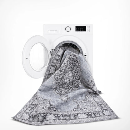 Tarifa Vintage Bohemian Medallion Grey Machine Washable Rug Well Woven