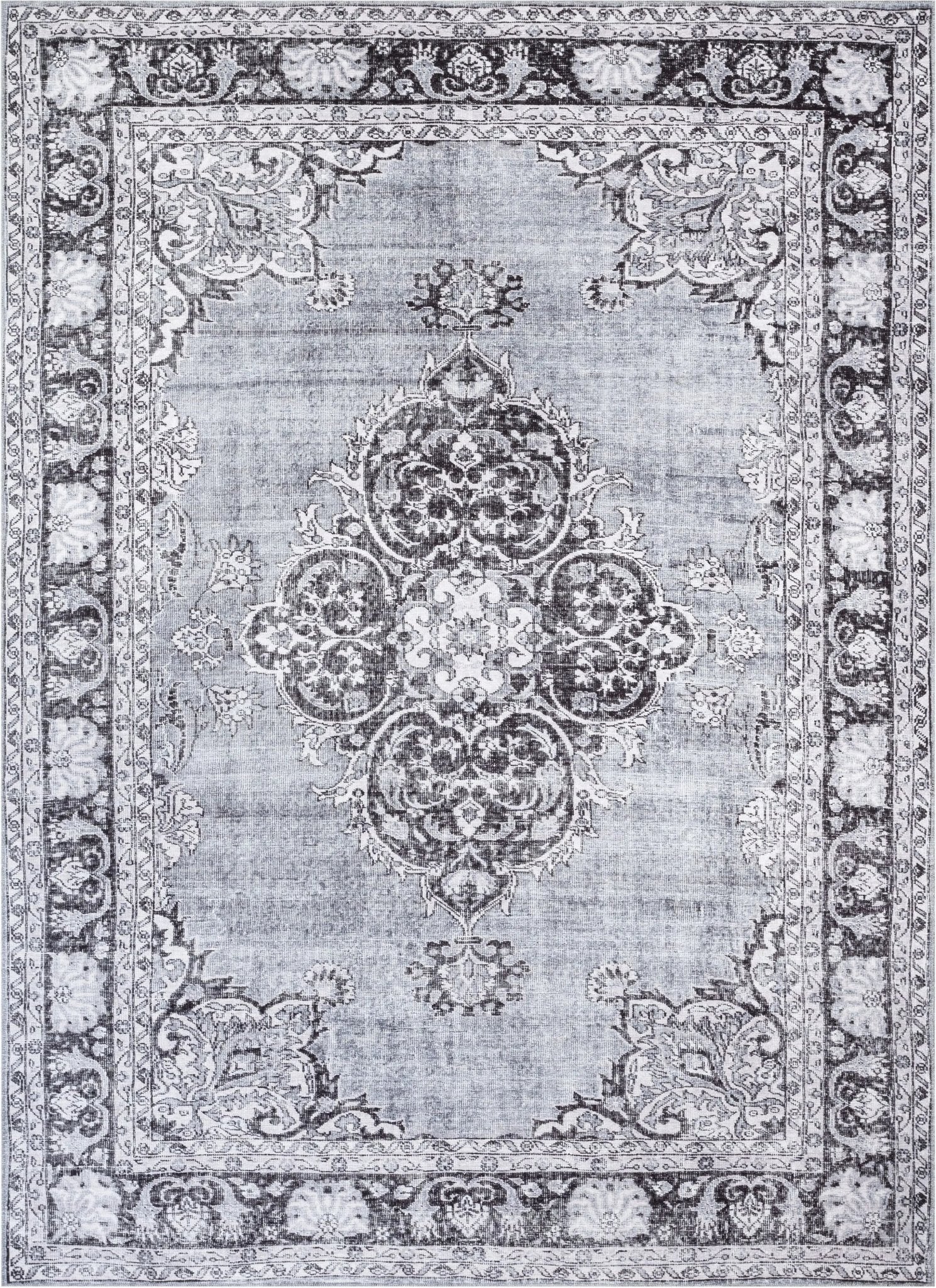 Tarifa Vintage Bohemian Medallion Grey Machine Washable Rug Well Woven