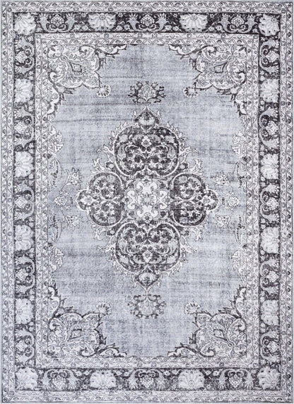 Tarifa Vintage Bohemian Medallion Grey Machine Washable Rug Well Woven