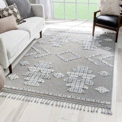 Savannah Tribal Geometric Pattern Ivory High-Low Textured Rug Well Woven