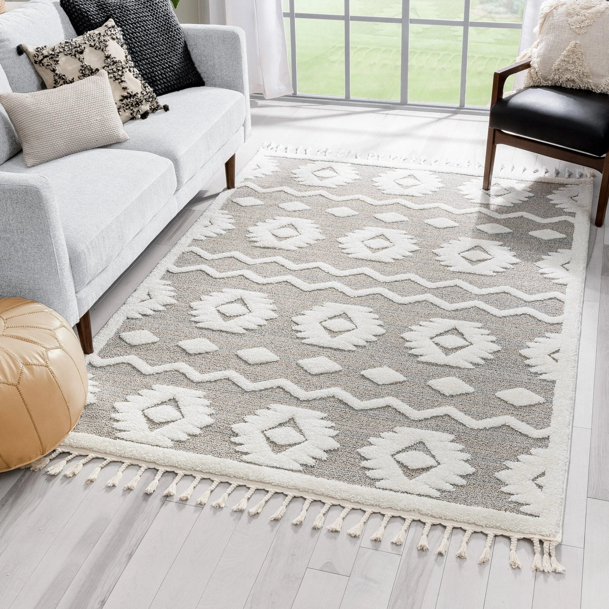 Addison Tribal Moroccan Diamond Pattern Beige High-Low Textured Rug Well Woven