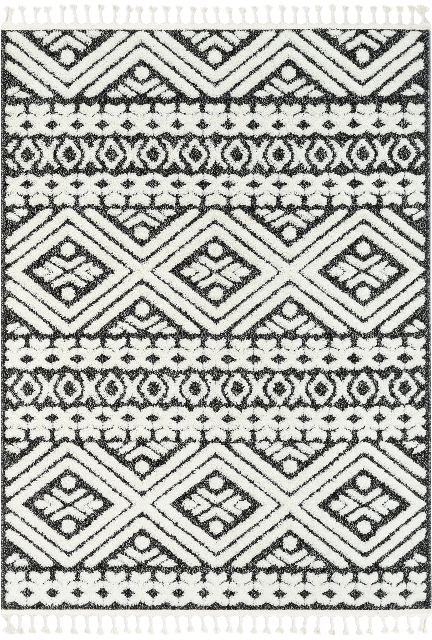Eliana Tribal Geometric Chevron pattern Dark Grey White High-Low Textured Rug Well Woven