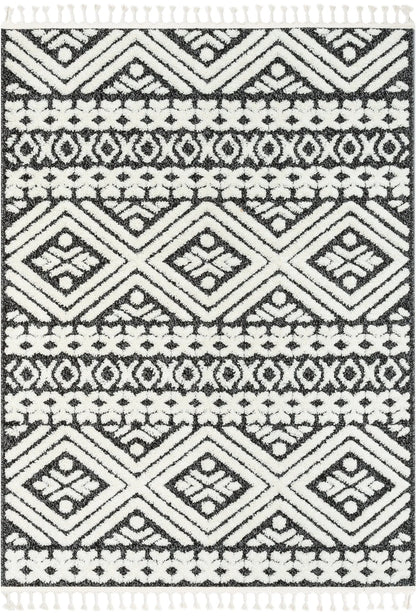 Eliana Tribal Geometric Chevron pattern Dark Grey White High-Low Textured Rug Well Woven