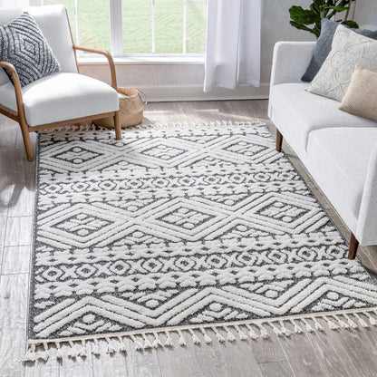 Eliana Tribal Geometric Chevron pattern Dark Grey White High-Low Textured Rug Well Woven