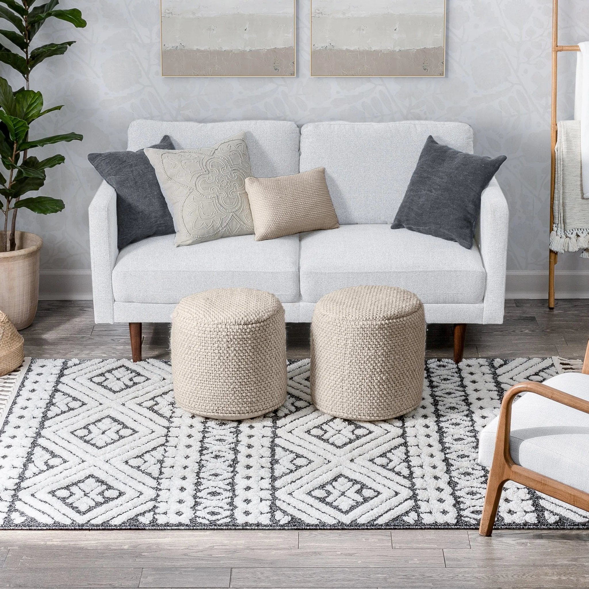 Eliana Tribal Geometric Chevron pattern Dark Grey White High-Low Textured Rug Well Woven