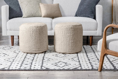 Eliana Tribal Geometric Chevron pattern Dark Grey White High-Low Textured Rug Well Woven