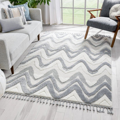 Raelynn Contemporary Chevron Zig-Zag Patter Cream Grey High-Low Textured Rug Well Woven