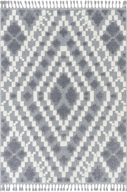 Melanie Contemporary Medallion Diamond Pattern Grey Cream High-Low Textured Rug Well Woven