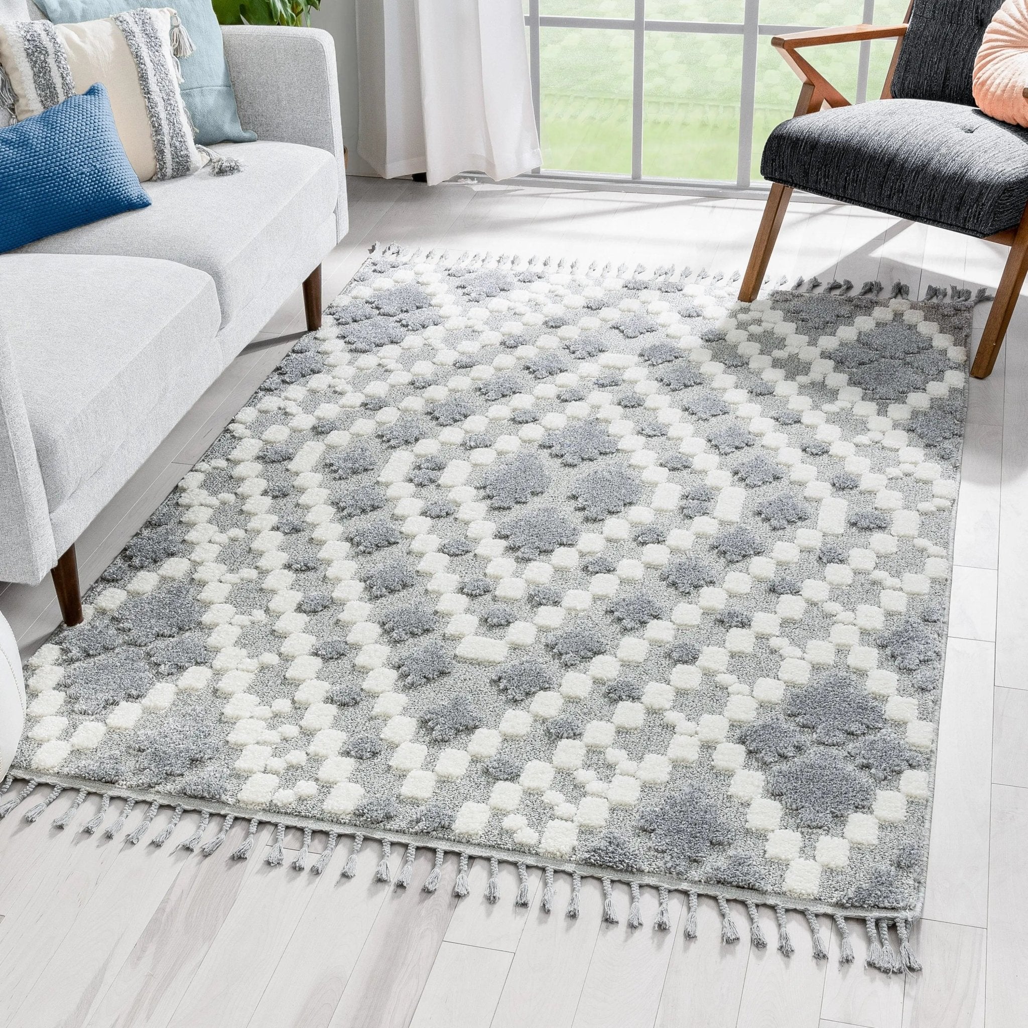 Melanie Contemporary Medallion Diamond Pattern Grey Cream High-Low Textured Rug Well Woven