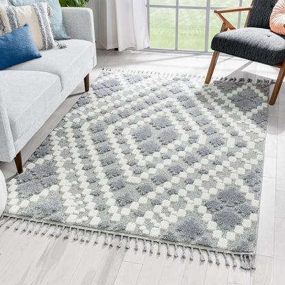 Melanie Contemporary Medallion Diamond Pattern Grey Cream High-Low Textured Rug Well Woven