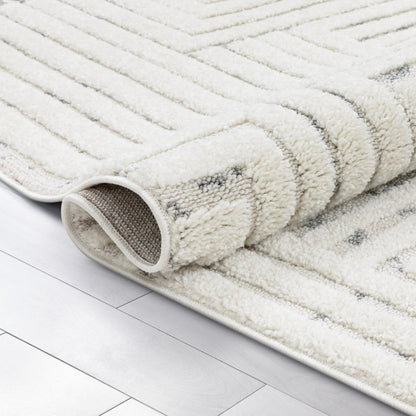 Gianna Modern Geometric Stripes Cream Grey High-Low Textured Rug Well Woven