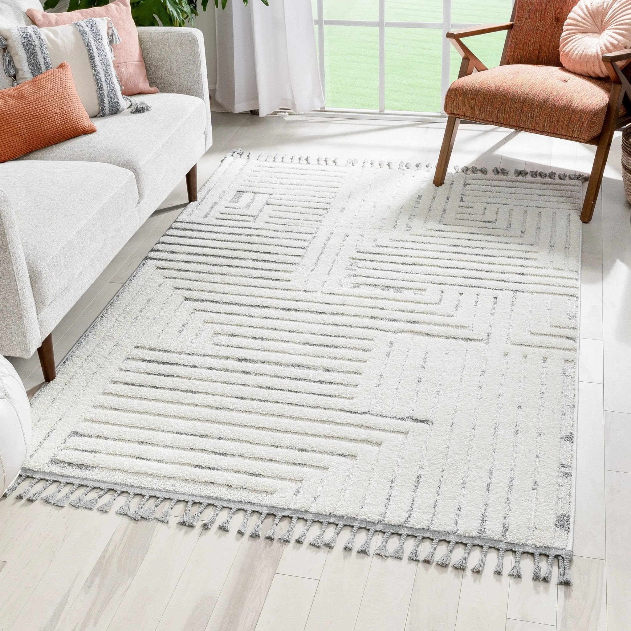 Gianna Modern Geometric Stripes Cream Grey High-Low Textured Rug Well Woven