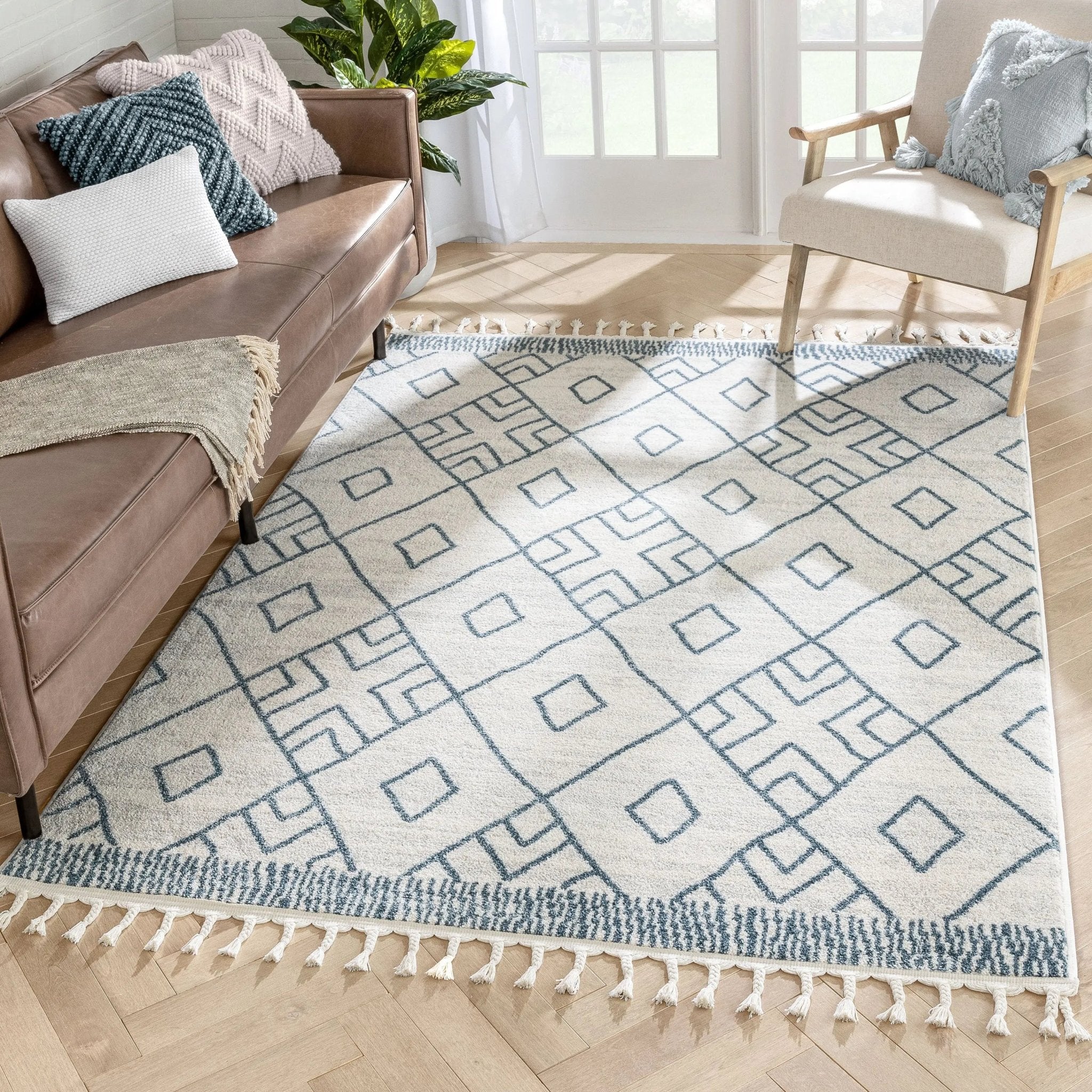 Diodelly Moroccan Lattice Trellis Blue Ivory Rug Well Woven