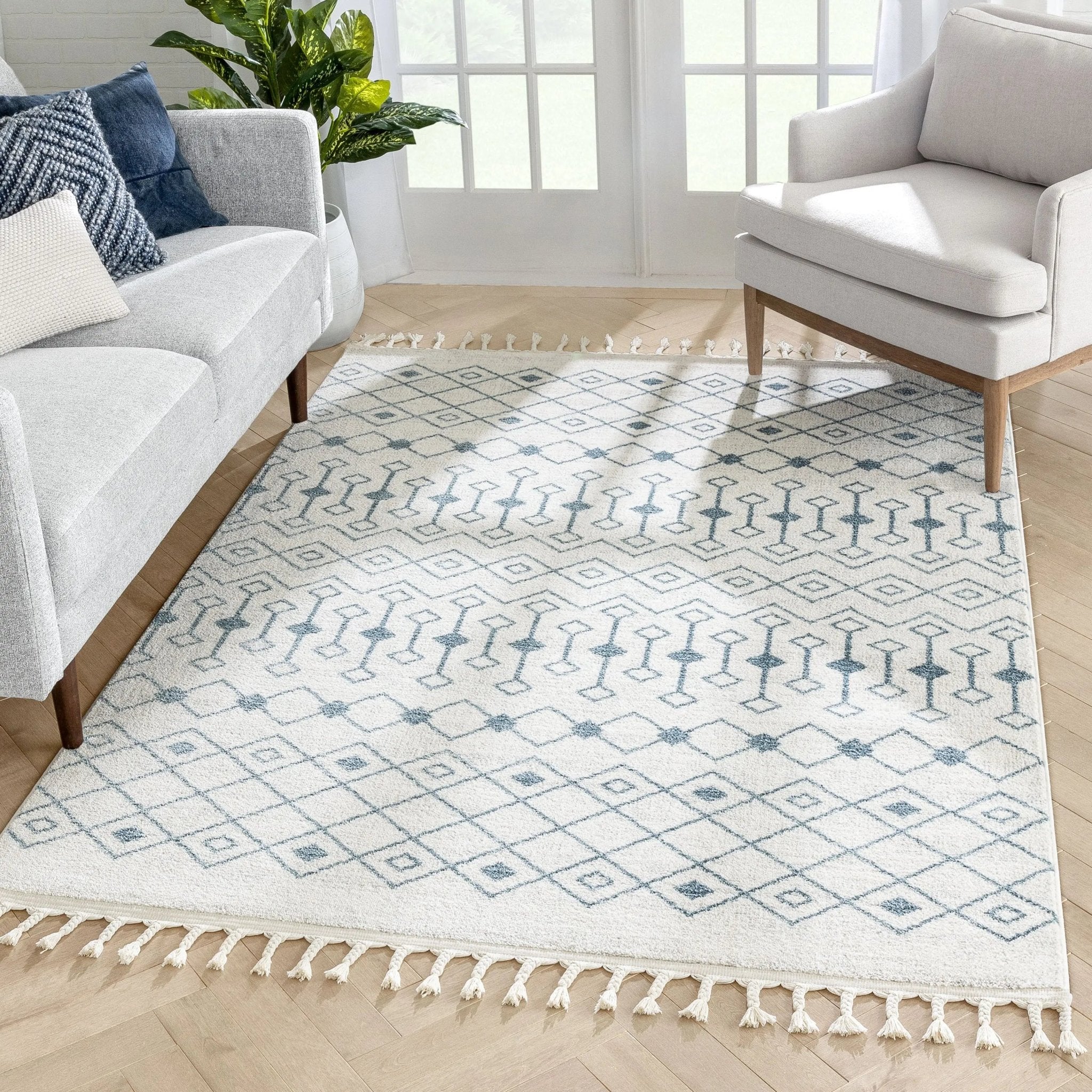 Transistora Nordic Tribal Trellis Pattern Light Blue Ivory Rug Well Woven