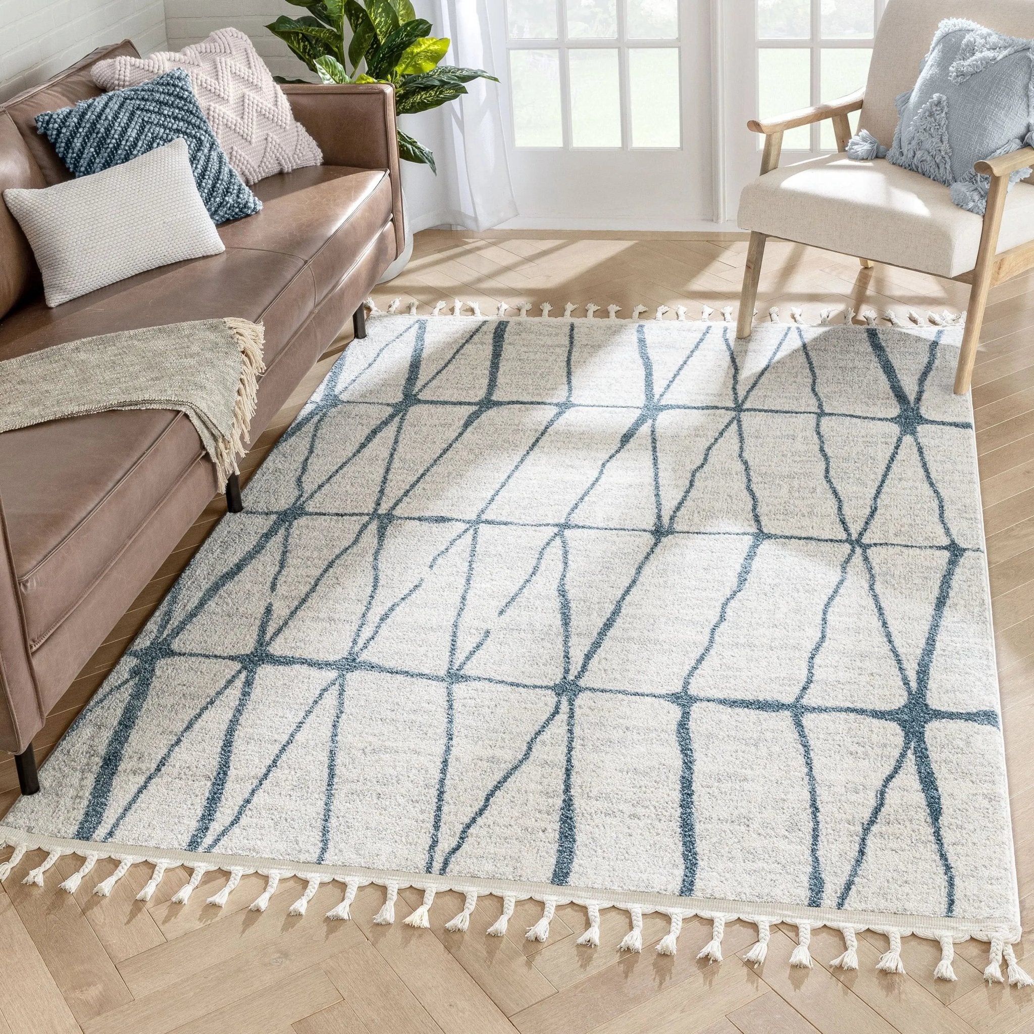 Crisscross Nordic Geometric Pattern Blue Ivory Rug Well Woven