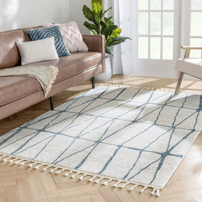 Crisscross Nordic Geometric Pattern Blue Ivory Rug Well Woven