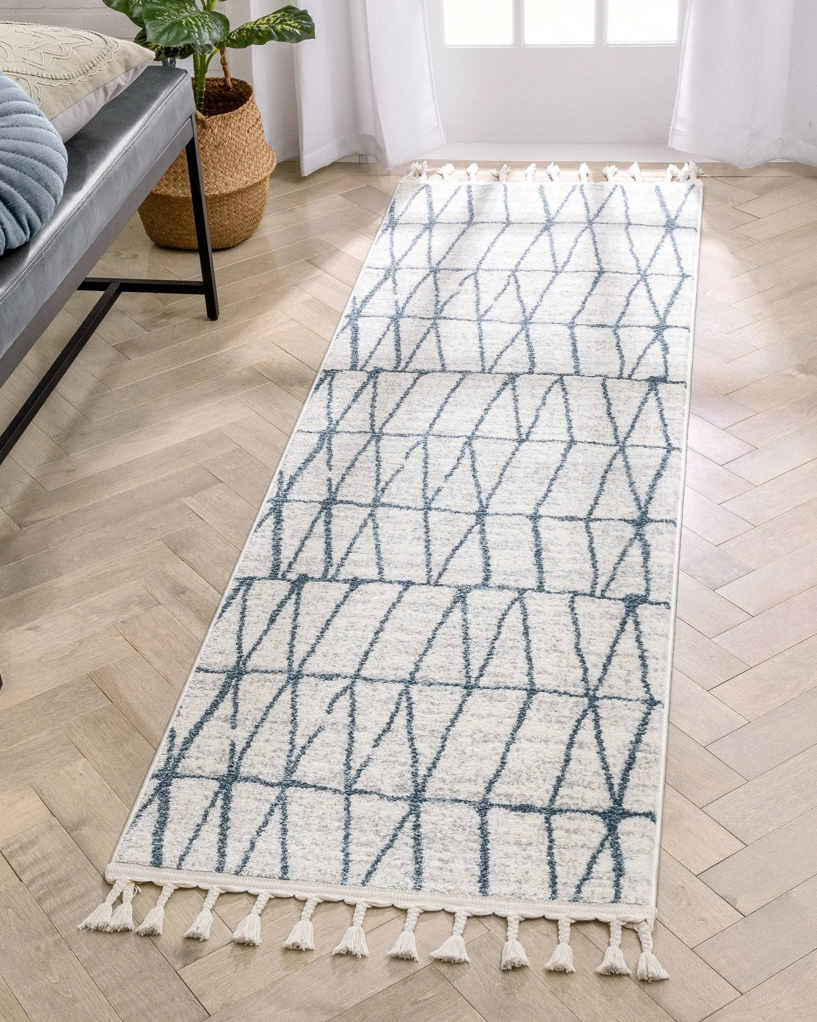 Crisscross Nordic Geometric Pattern Blue Ivory Rug Well Woven