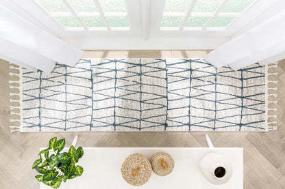 Crisscross Nordic Geometric Pattern Blue Ivory Rug Well Woven